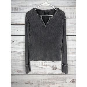 Lily & Lottie Gray Ribbed Henley Top Medium Boho Grunge Western Waffle Distress
